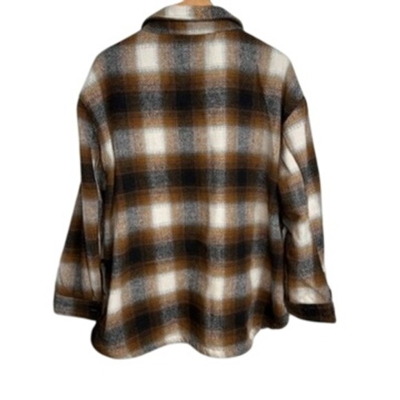 Unisex Plaid Shacket Oversized Button Up Shirt Jacket Brown Cream XL Cozy Rustic - Picture 4 of 9